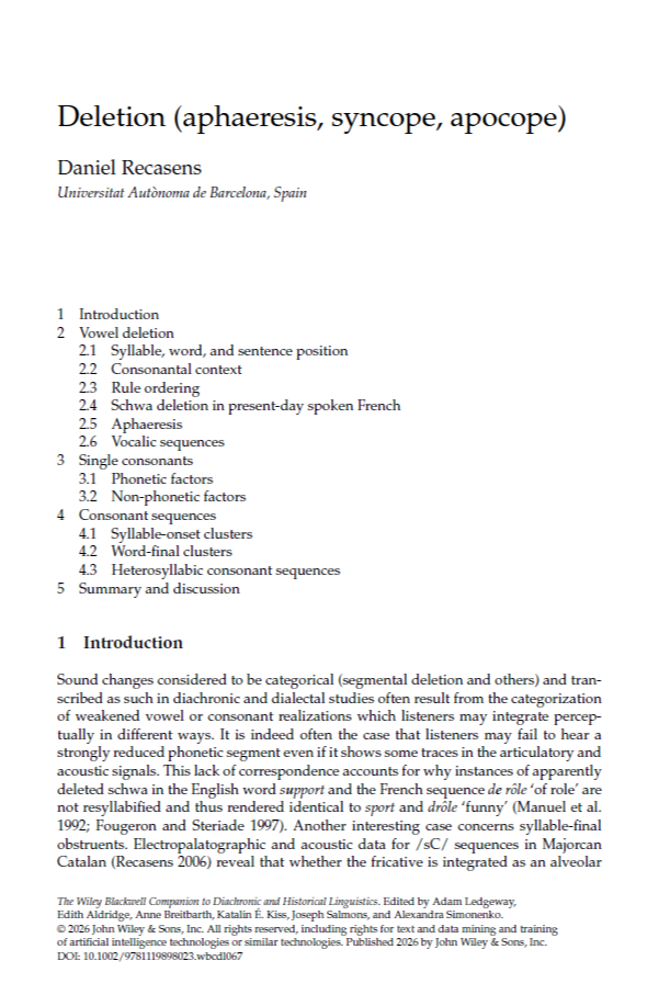 Recasens, Daniel. 2026. Deletion (aphaeresis, syncope, apocope), The Wiley Blackwell Companion to Diachronic and Historical Linguistics